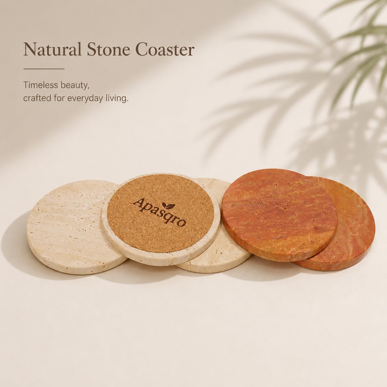 Natural Travertine Coasters Set of 4 – Absorbent Stone Drink Coasters with Cork Backing, 4” Round Neutral Coffee Table Décor for Organic Modern Home Aesthetic