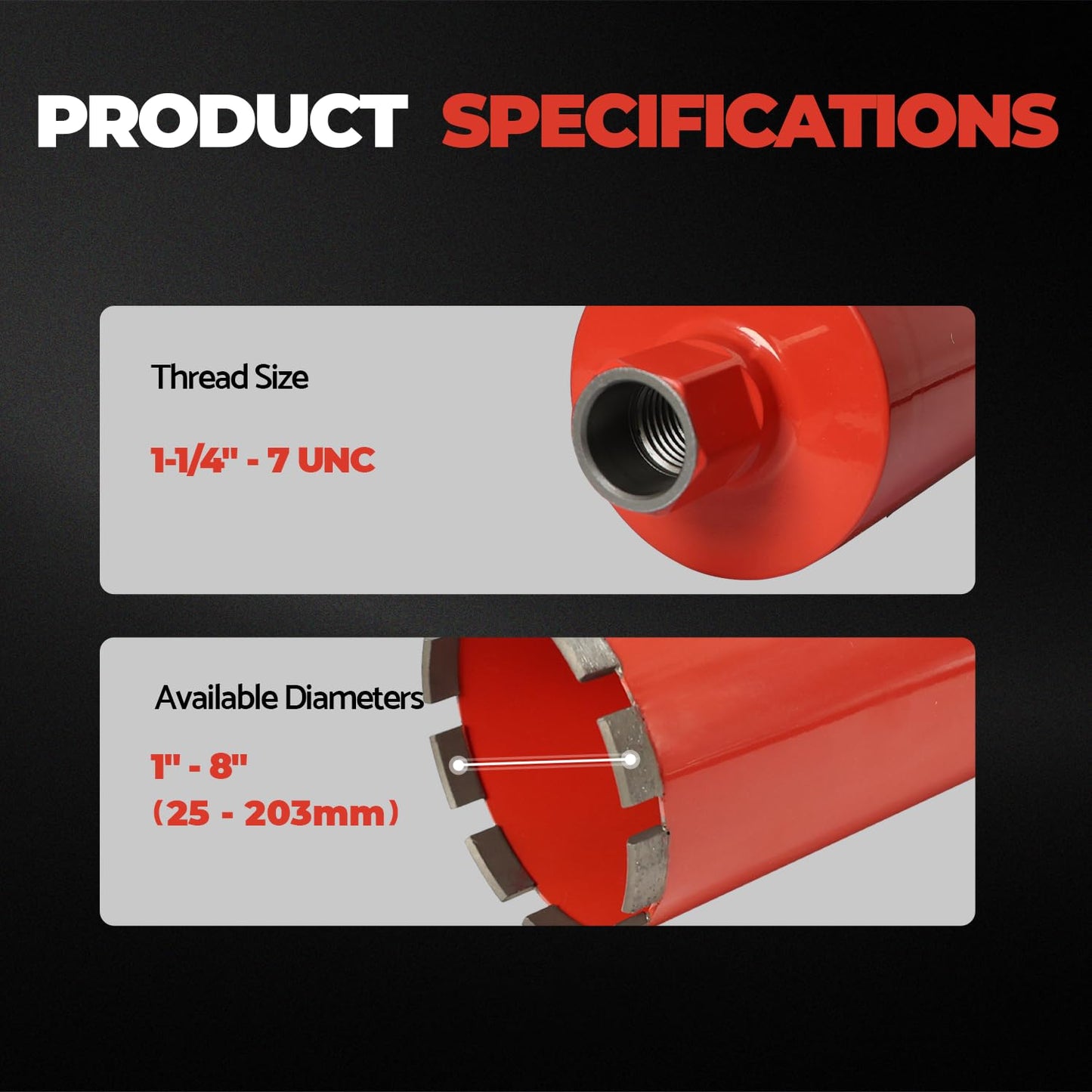Diamond Core Drill Bit for Concrete, Masonry, Reinforced Rebar Concrete 7 Inch, Wet only, 15" Drilling Depth, 1-1/4"-7 Thread, Superior Welded Core Drill Bits with Roof-Top Segment