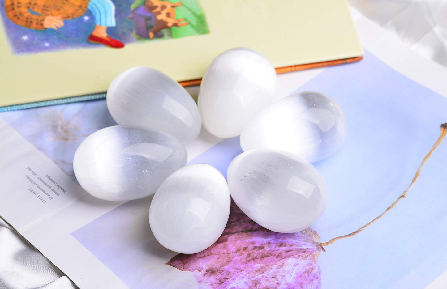 AMOYSTONE Selenite Eggs (6 Pcs) - Morocco Selenite Crystals with Wooden Base for Healing, Reiki, Meditation, Home Decor & Office Desk (1.5-2")