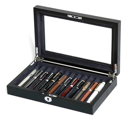 Besforu 12-Slot Fountain Pen Collector Case – Lockable Wooden Organizer with Glass Display Top, Premium Storage Box for Writing Instruments and Gift for Men