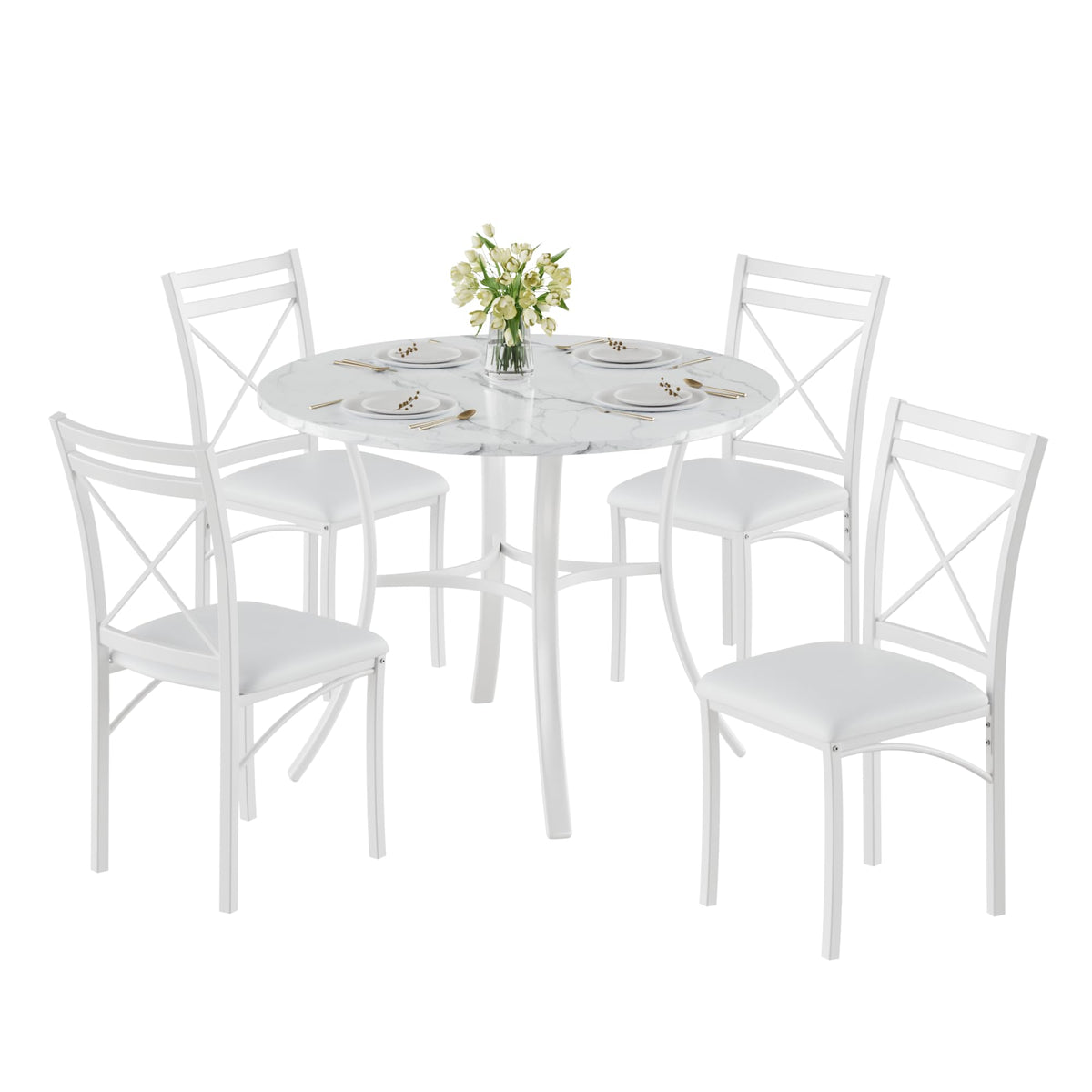 VECELO 5 Piece Dining Table Set for 4 with Chairs, Faux Marble Tabletop, Small Space, Kitchen, Breakfast Nook, White