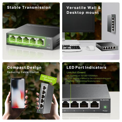 TP-Link TL-SG105S 5 Port Gigabit Ethernet Network Switch, Ethernet Splitter 1 to 4, Network 4 Way Ethernet Hub, Desktop & Wall-Mounting, Sturdy Metal Case, Fanless, Plug & Play, Energy-Saving
