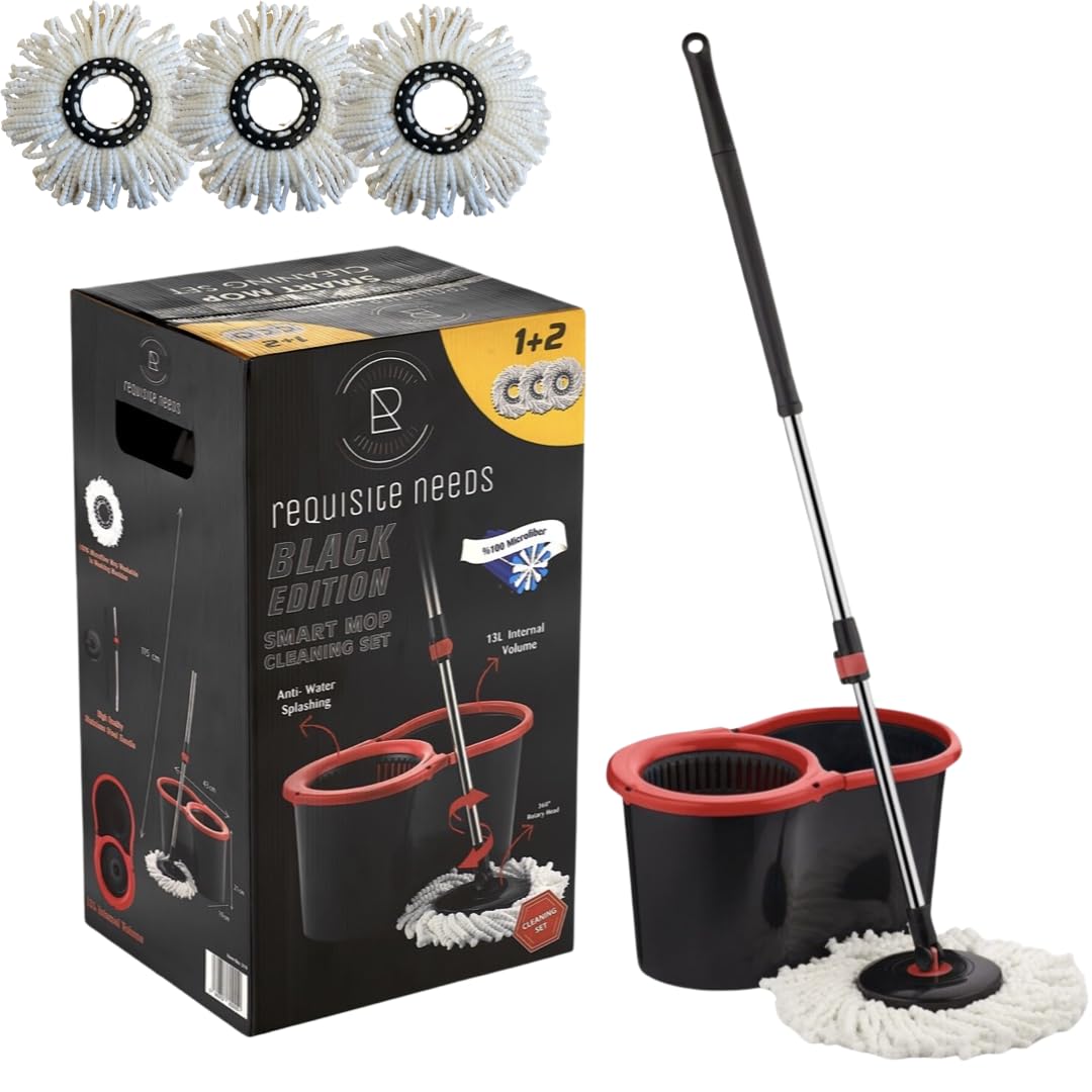 Requisite Needs Smart Spin Mop and Bucket Set – Black edition – Anti-splashing Strong And Sturdy Material – Easy Floor Moping System – 1x Bucket + 3 Replacement Mop Heads – 13 Liter (Mop + Bucket)