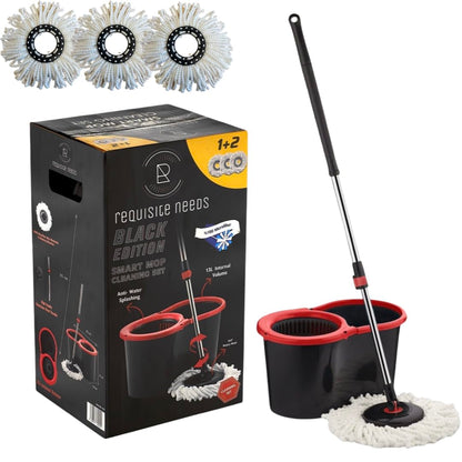 Requisite Needs Smart Spin Mop and Bucket Set – Black edition – Anti-splashing Strong And Sturdy Material – Easy Floor Moping System – 1x Bucket + 3 Replacement Mop Heads – 13 Liter (Mop + Bucket)
