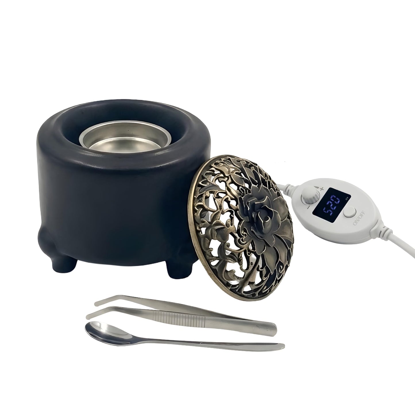 Ceramic Electric Incense Burner & Fragrance Warmer with Adjustable Temperature Timer – Enclosed Design for Better Heat Retention, Bakhoor, Frankincense & Resin Warmer, Includes Cup, Tong, Spoon (110V)