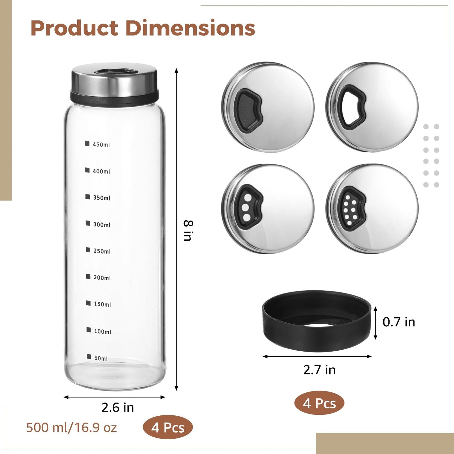 4 Pcs Salt & Pepper Shakers, Large Glass Spice Jars with Adjustable Pour Holes, Spice Dispensers with Non-skid Silicone Bases, Seasoning Jars with Rotating Steel Lids for Kitchen(500ml)