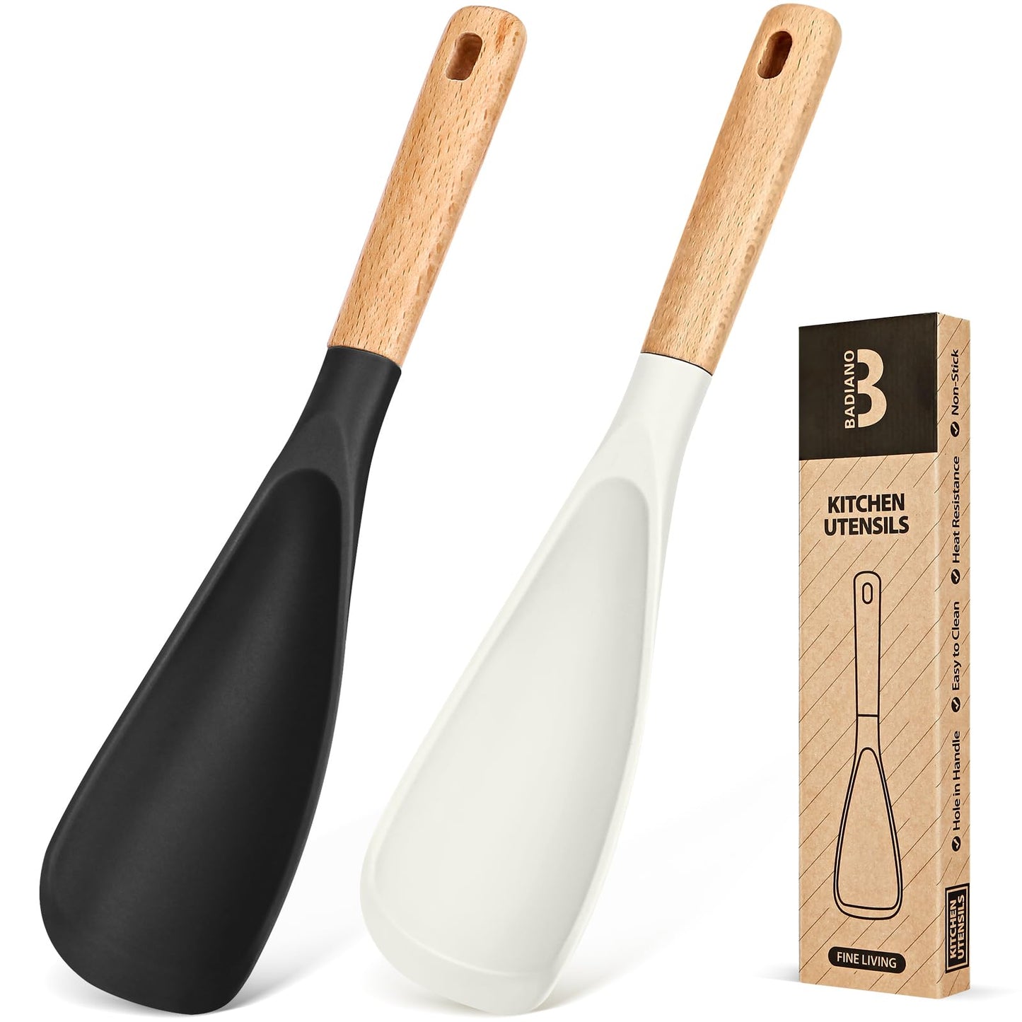 Cooking Spoon for Nonstick Cookwares, Great for Cooking and Serving Sturdy BPA-Free Matte Silicone, Wood Handle Spoon for Mixing, Scoop, and Scrape (Black & White, 11.4 inch)