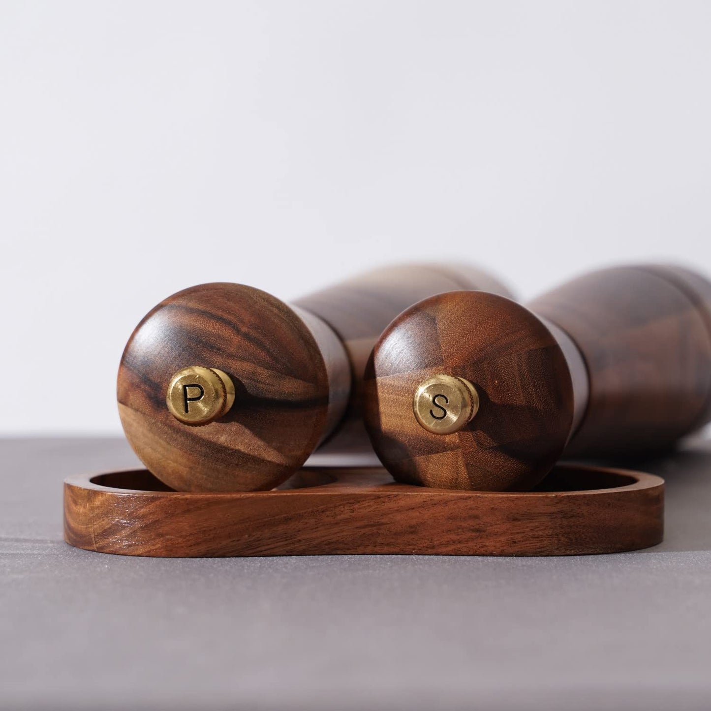 DeroTeno Salt and Pepper Mill Set with Tray, Adjustable Ceramic Grinder Salt Mill, Stainless Steel Grinder Pepper Mill, Acacia Wood, 27 cm / 10 inch Height, Bottom Dia 6 cm (Tray is Included)