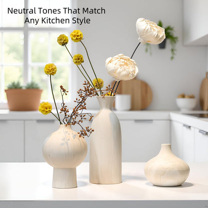SincereLuxe White Ceramic Vase Set of 3 in Beige, Modern Aesthetic Stone-Look Textured Pottery Vases for Shelf & Bookshelf Home Decor, Neutral Minimalist Decorative Vases for Flowers & Pampas Grass