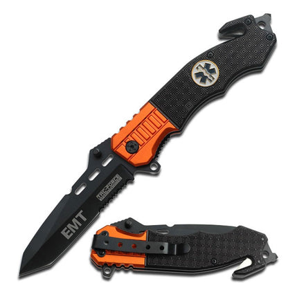 Tac-Force 8.25" Tactical Folding Pocket Knife – 3.25" Stainless Steel Half-Serrated Tanto Blade – Emergency Glass Breaker & Seatbelt Cutter – Aluminum Handle with Medallion & Pocket Clip (Black & Orange)
