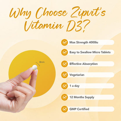 Zipvit Vitamin D3 4000 IU, 360 Maximum Strength Vitamin D Tablets, 12 Months Supply, Vegetarian, 1 a Day, VIT D3 As Cholecalciferol, Supports Bones Muscles, Immune System