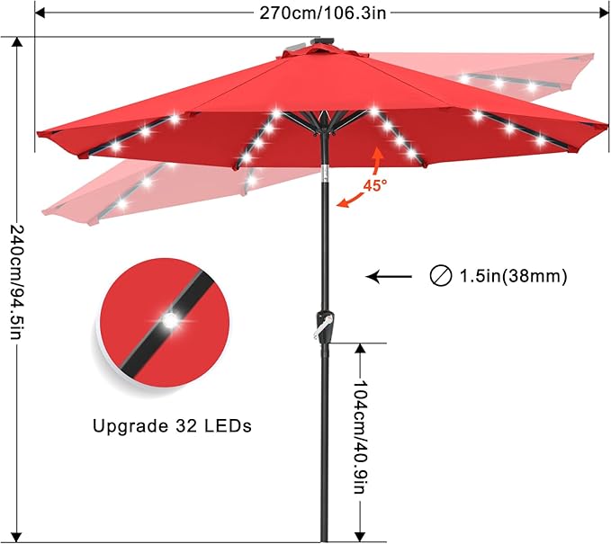 ABCCANOPY Durable Solar Led Patio Umbrellas with 32LED Lights 9FT (Red)