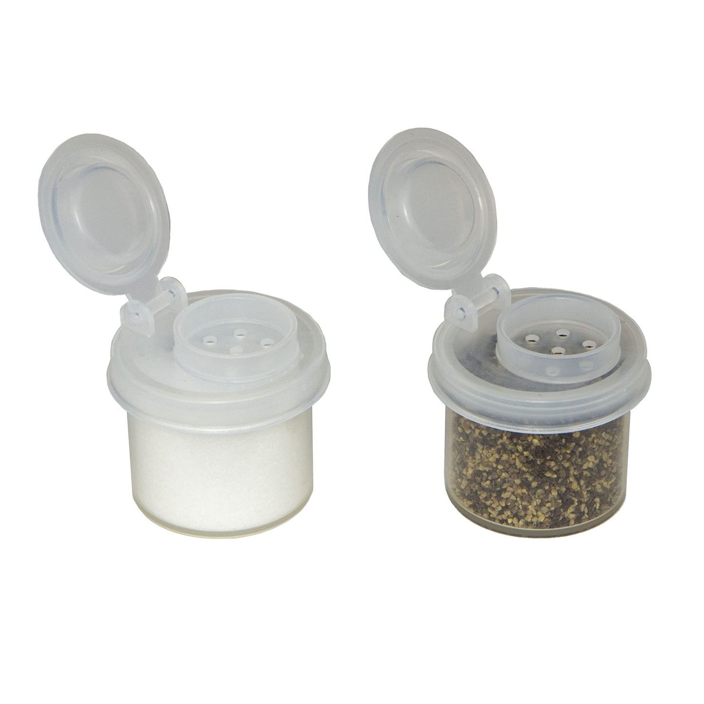 BRAZZA Salt and Pepper Shakers Moisture Proof Set Perfect to go Camping Picnic Outdoors Kitchen Lunch Boxes Travel Spice Set Clear with Black Lids Plastic Airtight Spice Jar Dispenser (5 mini)
