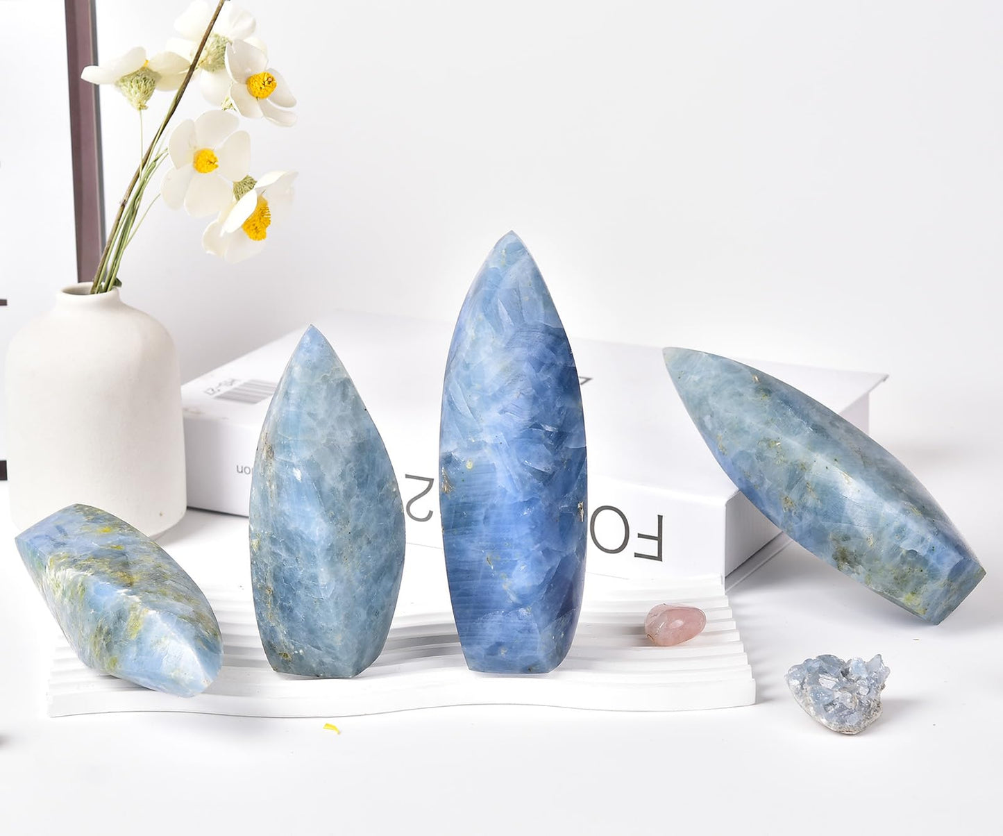 JIC Gem Large Blue Calcite Celestite Healing Crystal Obelisk Tower Spiral 4 Sides Point Energy Gemstone Home Decor 1.1-1.7 Lbs