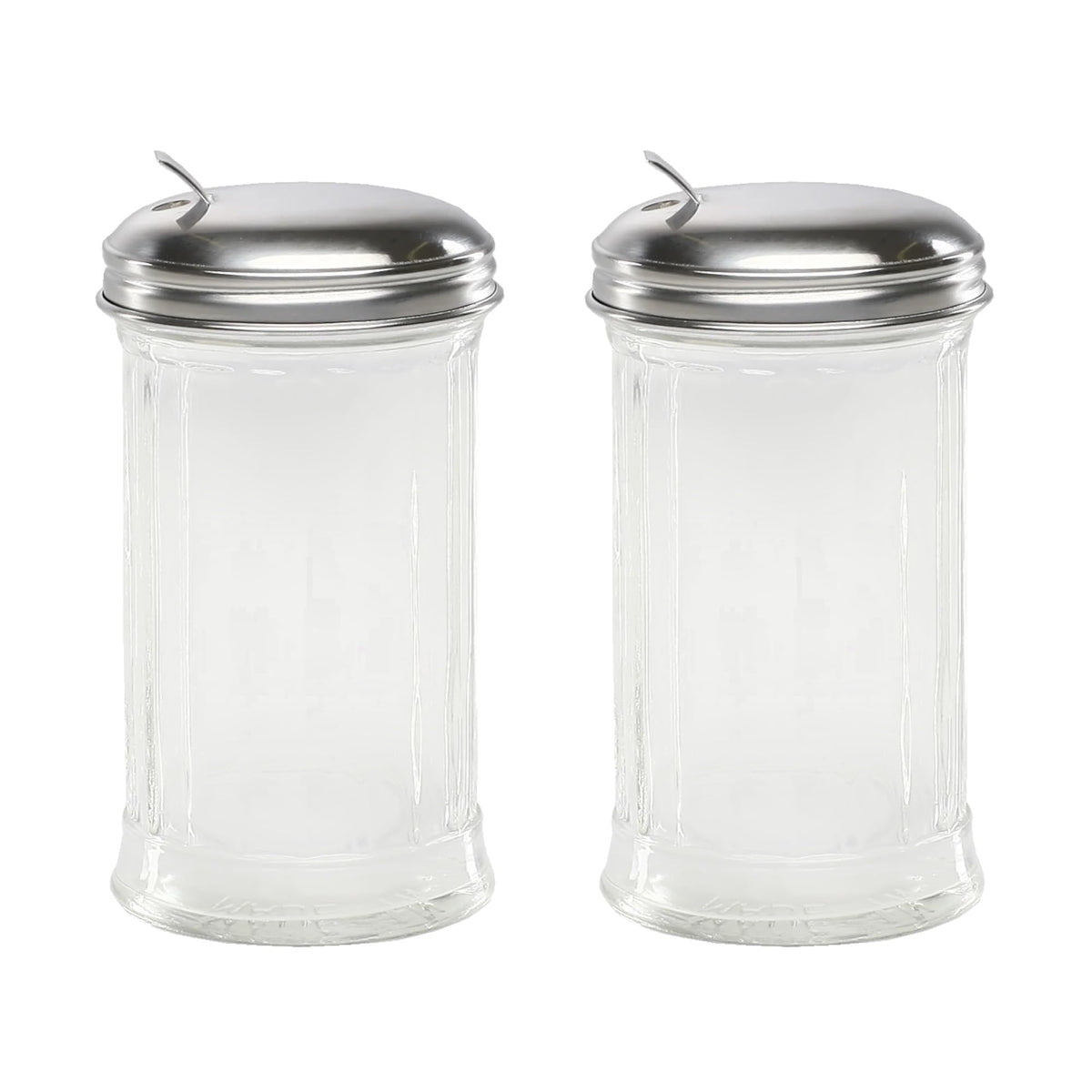Great Credentials Retro Style Sugar Dispenser Pourer Shaker, Glass Jar with Stainless Steel Flap Lid, 12 oz, Set of 2