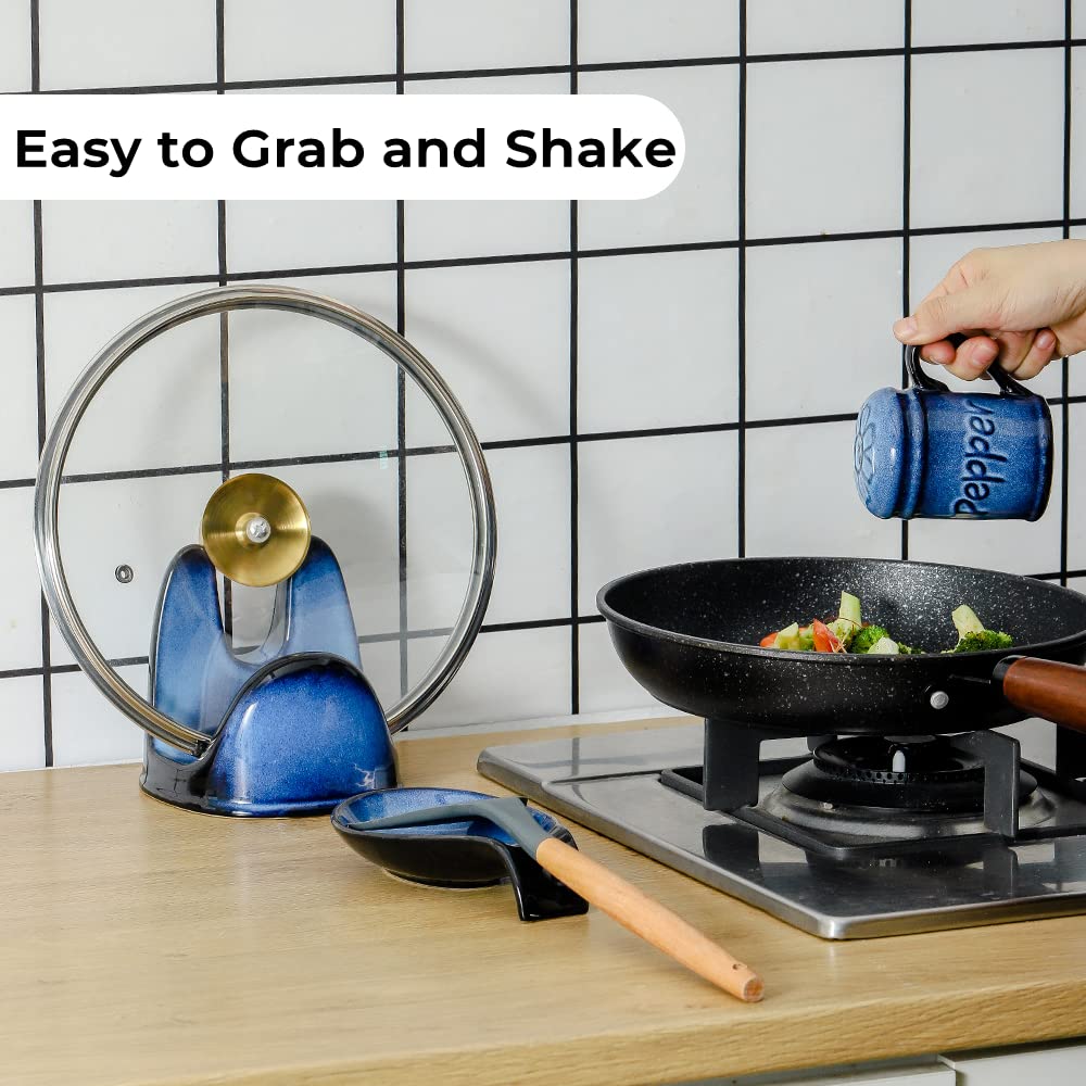 Nihow Ceramic Salt and Pepper Shakers Set & Spoon Rest: Heat Resistant Spoon Rest - Resist Rusting Seasoning Shaker with Handle for Counter - Elegant Black & Blue
