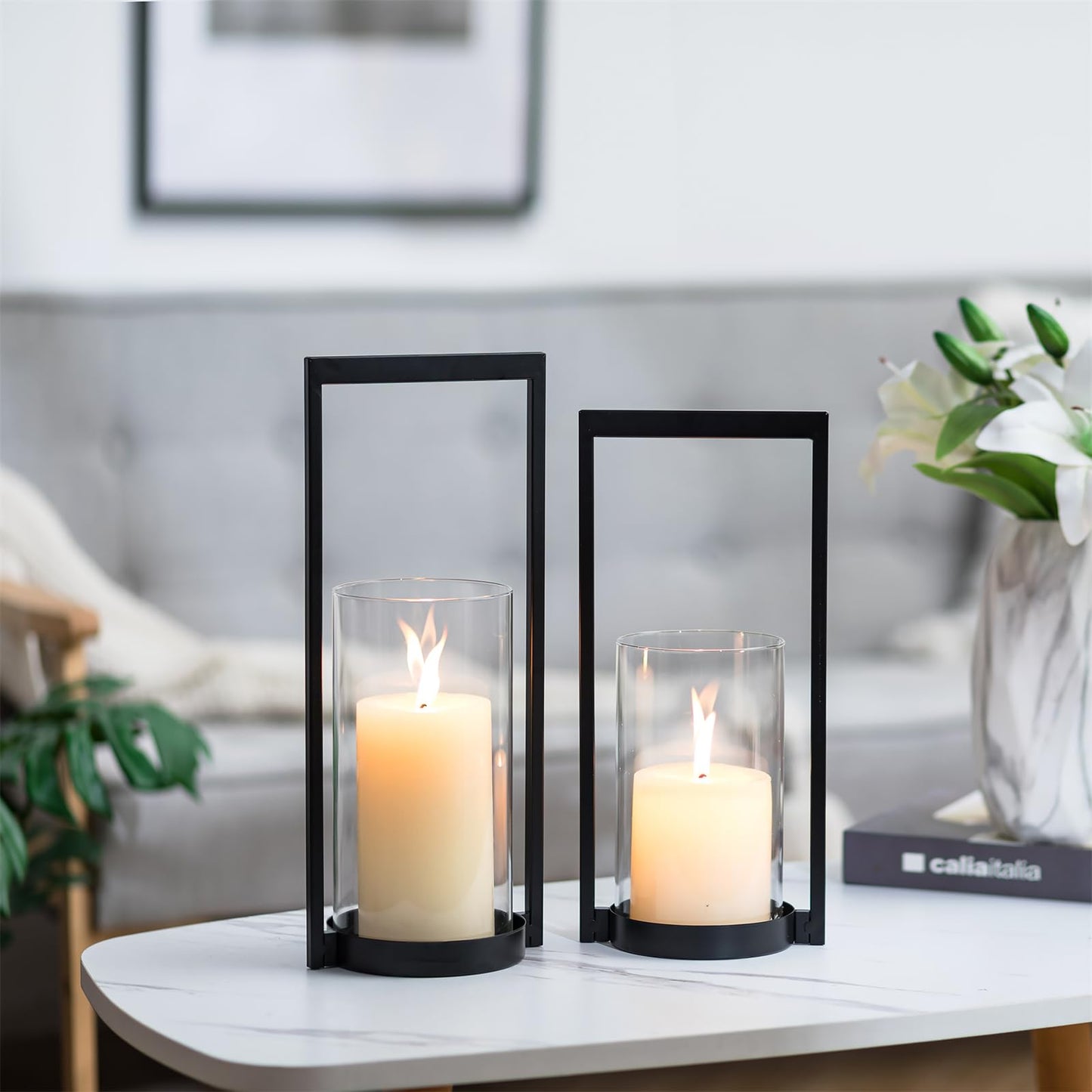 Sziqiqi Hurricane Candle Holder for Pillar: Black Modern Candle Holders for Table Centerpiece - Geometric Candle Stand Set of 2 with Glass for Living Room Fireplace Christmas Decor