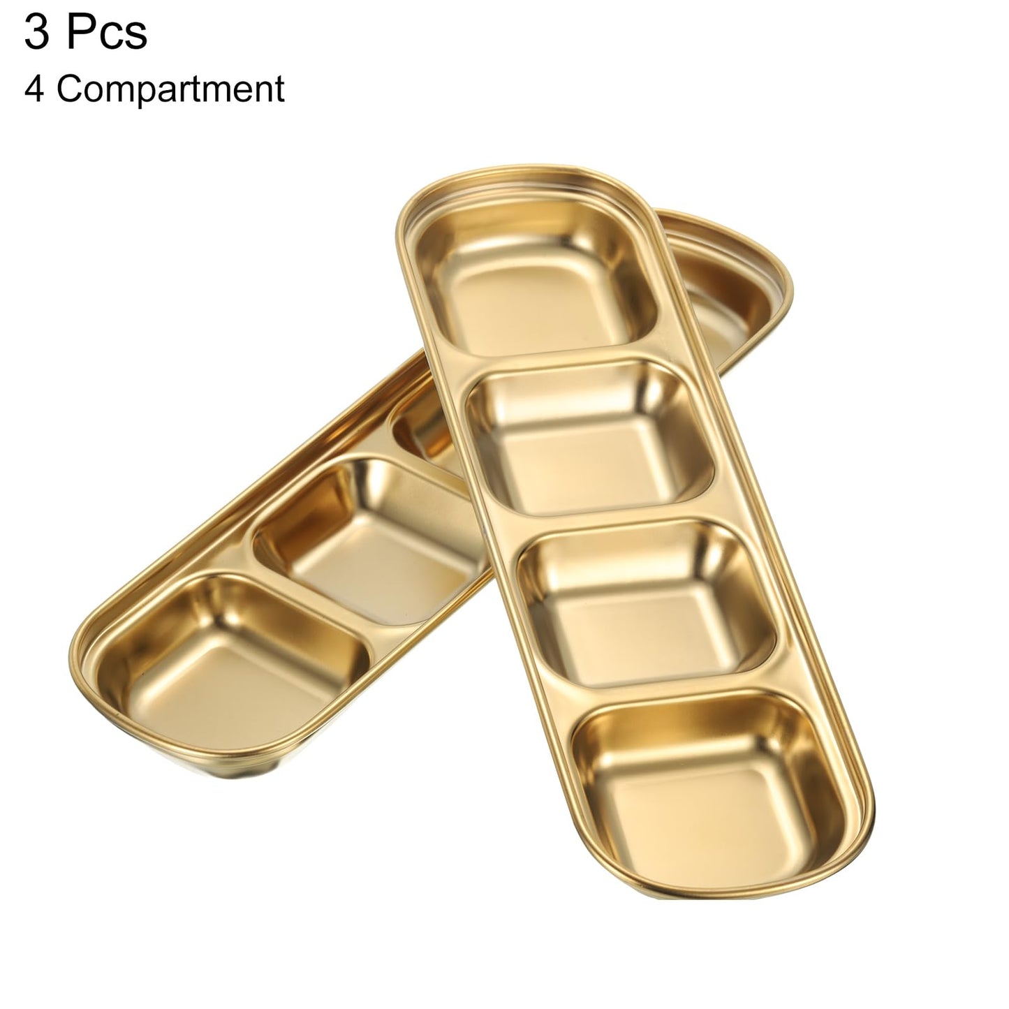 uxcell 3 Pack Stainless Steel Sauce Dish Dipping Bowls with 4 Compartment Divided, Metal Seasoning Plate Dipping Bowl for Sauce or Dressing, Gold