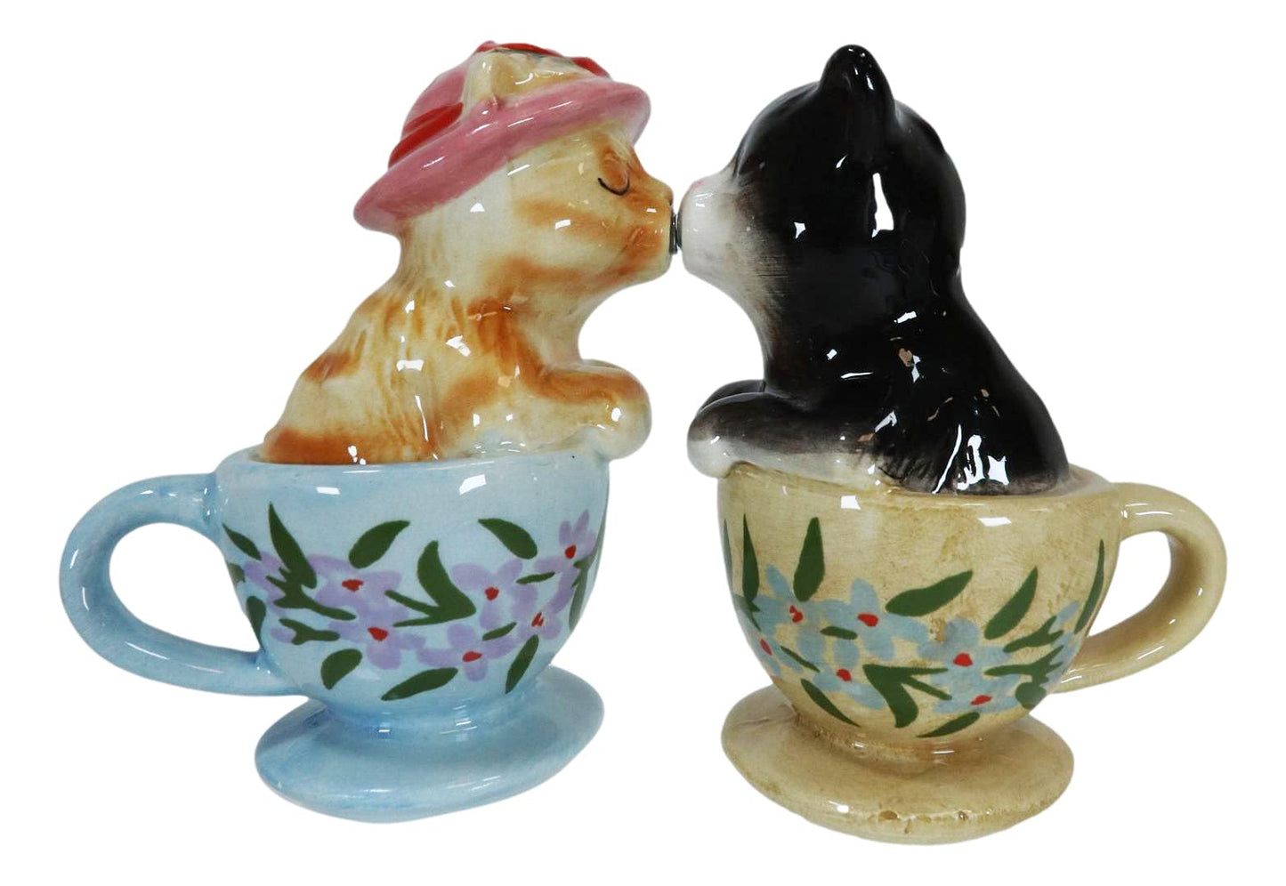 Ebros Ceramic Tabby And Tuxedo Black Kitty Cats In Teacups Kissing Salt And Pepper Shakers Set Valentines Tea Cup Cat Kittens Figurines Party Kitchen Tabletop Collectible Decorative Accents