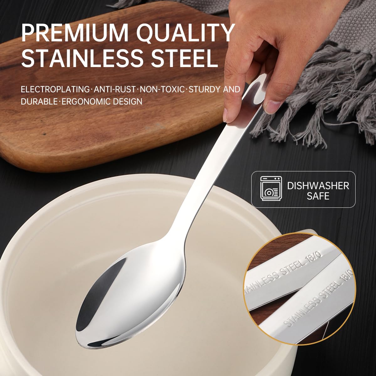13-Inch Large Stainless Steel Serving Spoons Set, Long Handle Buffet Utensils, Dishwasher Safe (Silver, 8 piece)