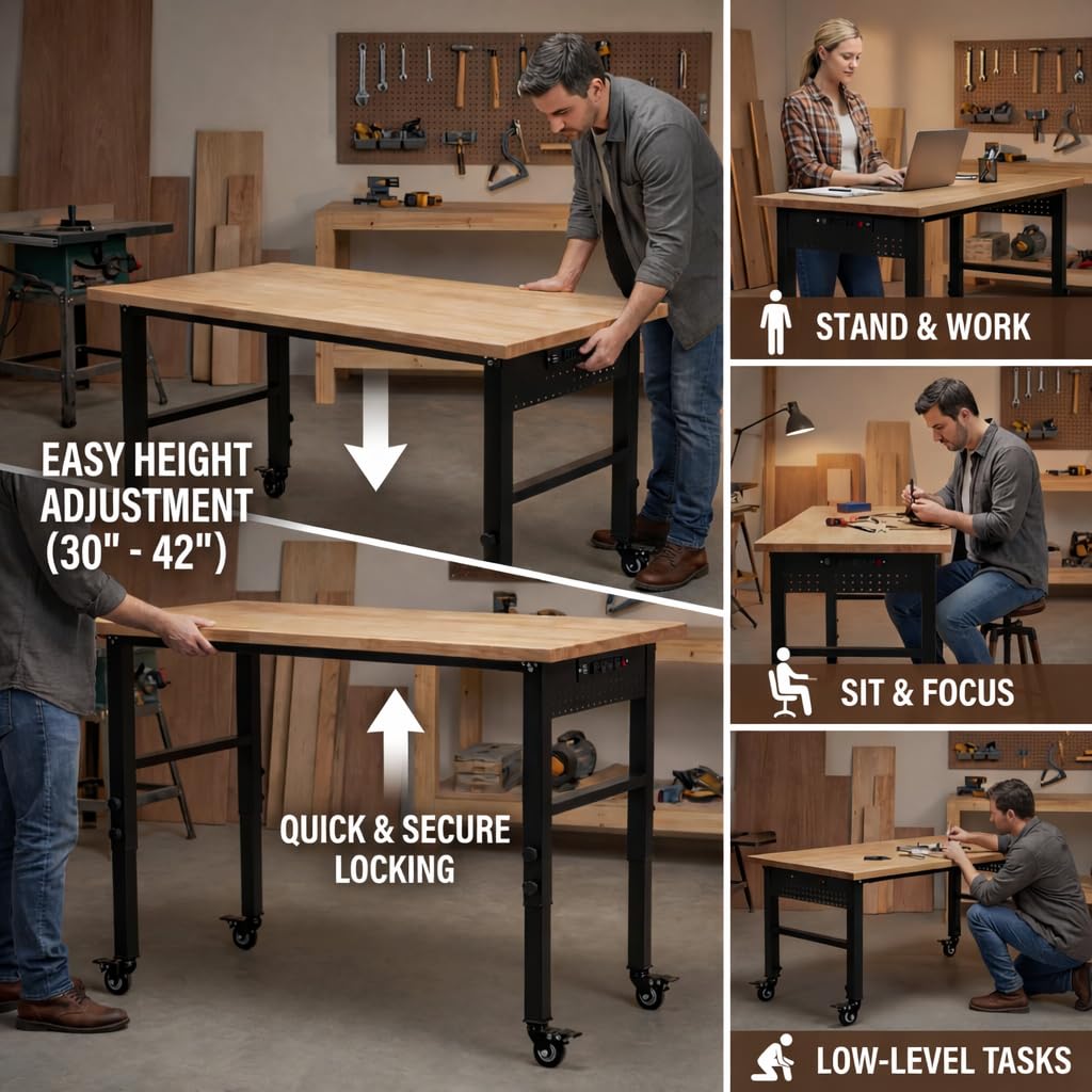 VUWIF 48" Workbench with Wheels, Adjustable Height Work Bench with Rubberwood Top, Built-in Power Outlet with 4 AC Outlets and 2 USB Ports, 2000 LBS Capacity for Garage, Workshop and Home