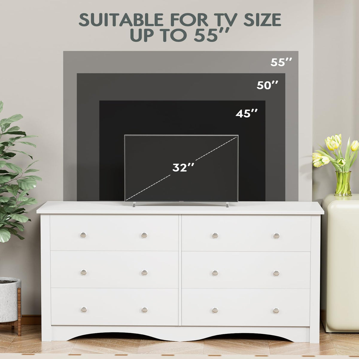 YESHOMY White Wood Dresser with 6 Drawer, 47.2‘’ Cabinets Dressers Wood Dresser Cabinet, Organizer Drawers for Bedroom, Living, Hallway