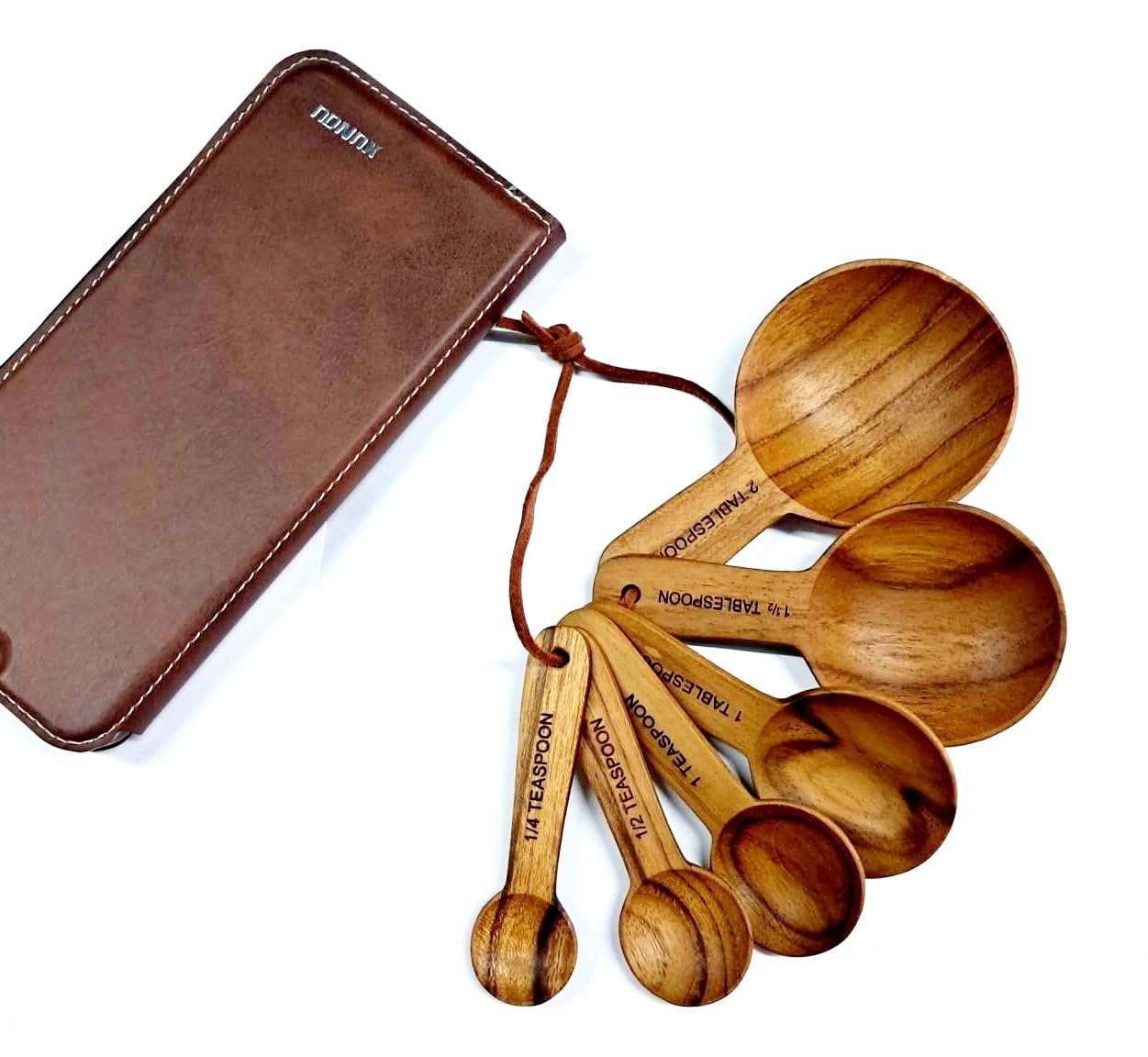 Dolphin Shop - Genuine teak wood measuring spoon set, 6-piece handmade for tea, coffee, sugar, salt, seasonings, and baking