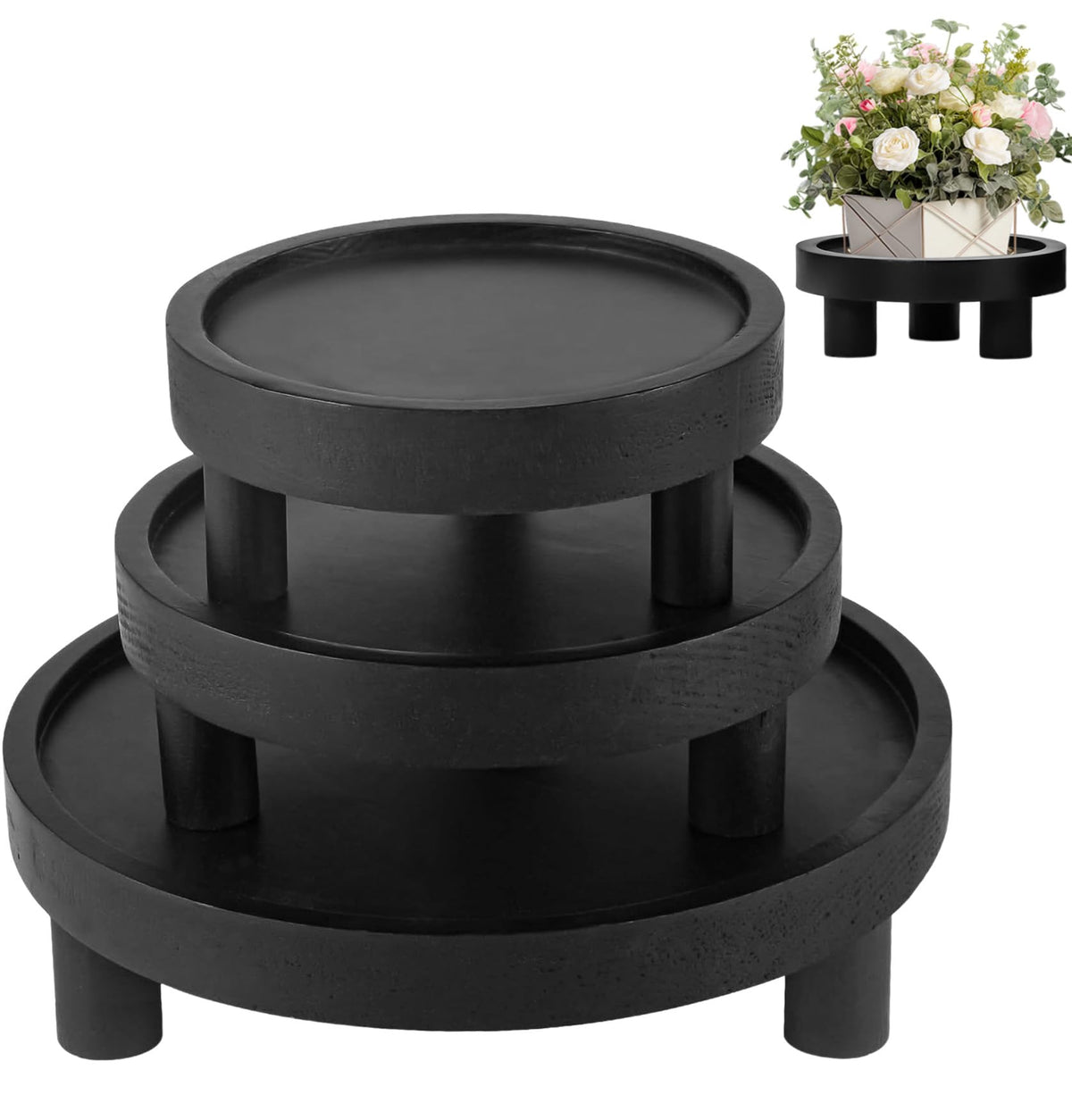 3 Pcs Wood Plant Stand Indoor Outdoor, Wooden Stool Display Stand 5/6/8" Round Riser Flower Pot Holder with Raised Edge Small Planter Tray Modern Potter Decorative for Garden Desktop Home Table Counter Room (Black)