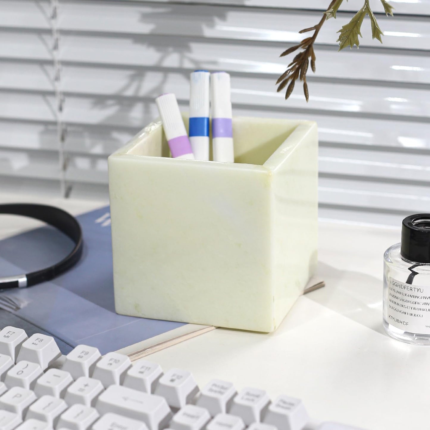 Natural Marble Makeup Brush Holder for Vanity, Toothbrush Holder for Bathroom, Luxurious Countertop Organizer, Green Bathroom Accessories Square
