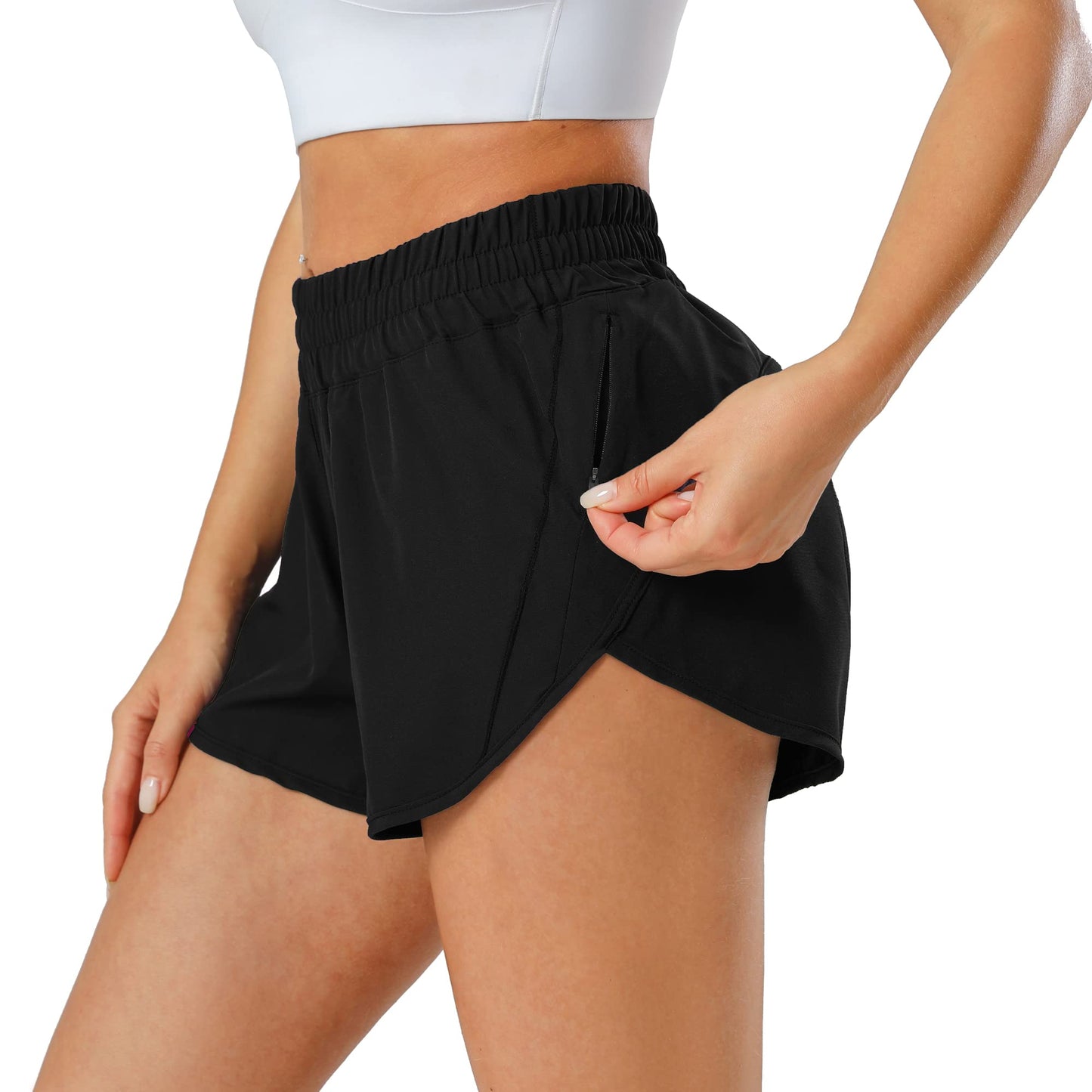 Aurefin Athletic Shorts for Women,Women's Quick Dry Workout Sports Active Running Track Shorts with Elastic and Zip PocketsBlack/Medium