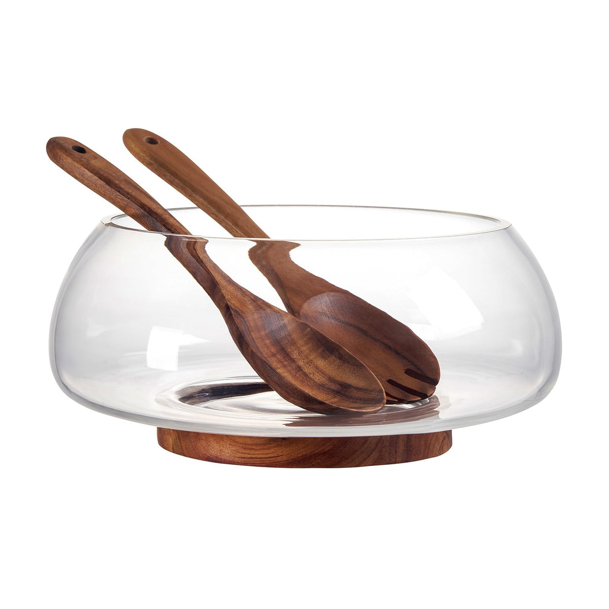 TREELF Large Glass Salad Bowl Set - 4.5 Quart Mixing Bowl With Acacia Wood Base And Serving Utensils, 5/32 Inch Extra Thick Wall, Decorative Fruit Bowl - Kitchen Must-Have