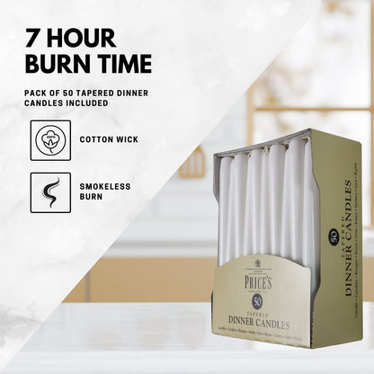 Price's Candles Tapered Dinner Candles Ivory Unscented Wax Pack of 50 | 7 Hour Burn Time Elegant Long Candles for Home Decor, Events, Celebrations & Dining