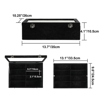 Frebeauty 16 Slots Sunglasses Organizer,2 Layer Velvet Sunglasses Tray with Glass Lid,Multiple Pairs Sunglass Display Case for Man or Woman,13.7 * 10.25 * 4.1 Inches Eyeglass/Eyewear Box (Black)