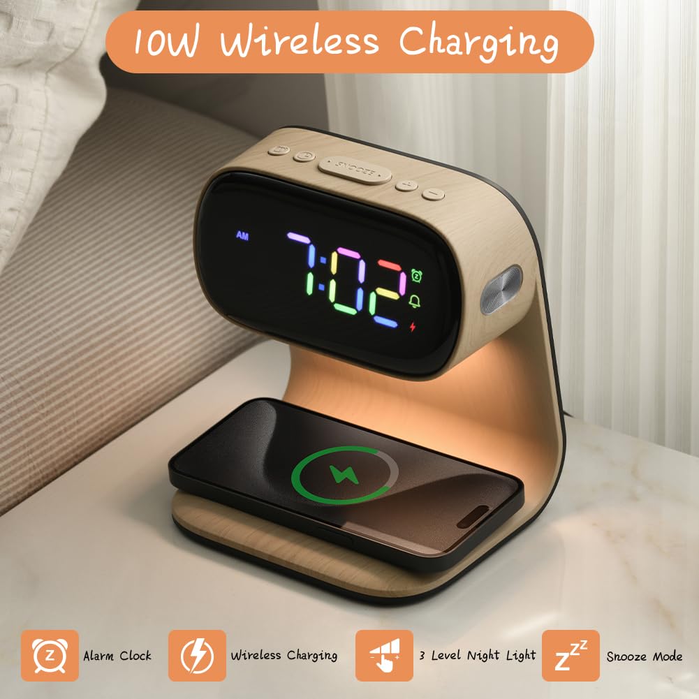 WILIT Digital Alarm Clock with Wireless Charging for Bedroom,Colorful LED Display,Dimmable Night Light with Snooze Function,Modern Bedsides Lamp Clock for Bedroom,Kids,Teens,Gift for Men, Women(Wood)
