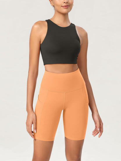 ODODOS 8" Tummy Control Biker Shorts for Women with Pockets High Waist Running Workout Athletic Yoga Shorts, Neon Orange, Large
