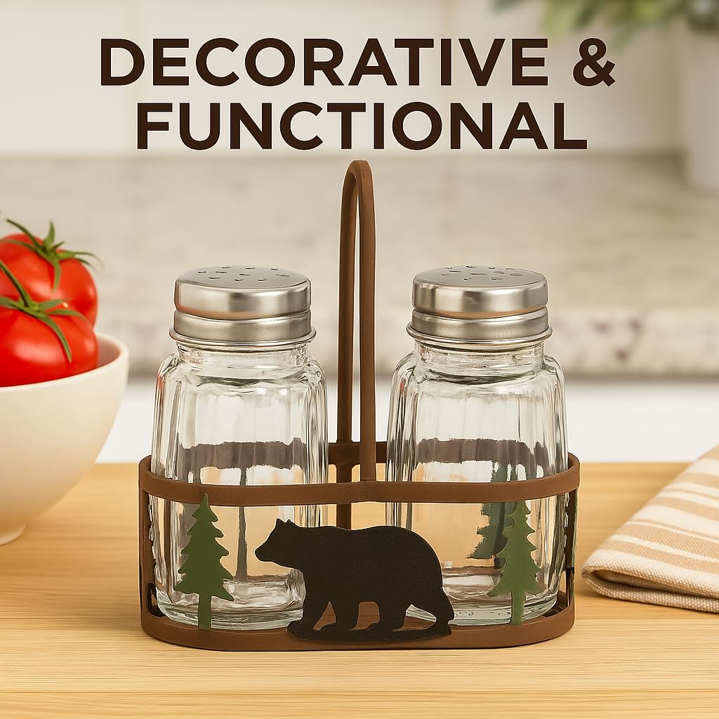 Distinctive Designs Black Bear and Pines Salt and Pepper Shaker Holder Set - 3 Piece Set - Bear Salt and Pepper Shakers - Rustic Lodge Kitchen Tabletop Cabin Decor