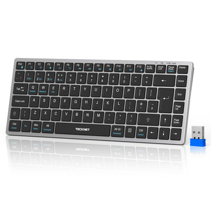 TECKNET 2.4G Wireless Keyboard, Rechargeable Bluetooth Keyboard for 4 Multi Devices, QWERTY UK Layout Compact Mini keypad, Small Silent Keys for Laptop, Phone, Smart TV, Computer, Tablet - Silver
