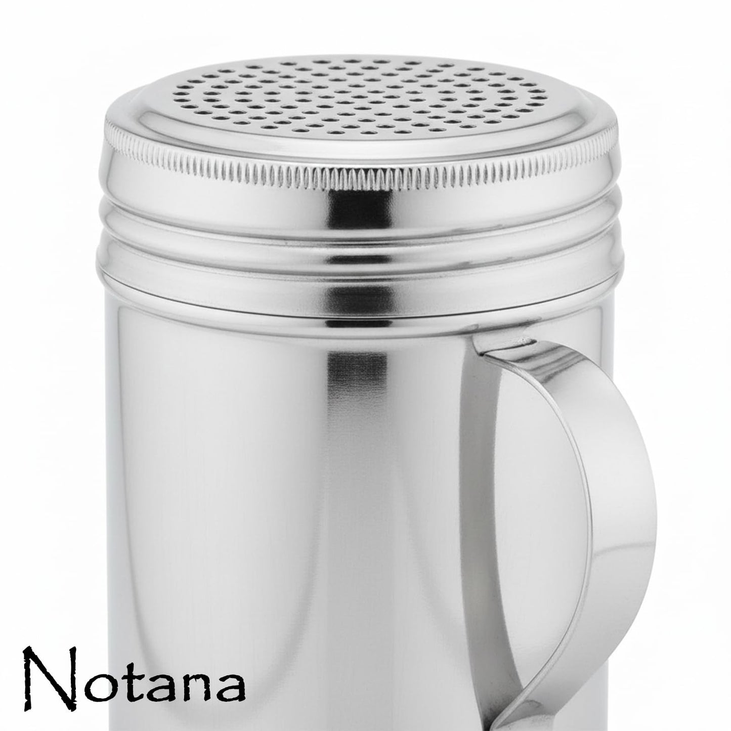 Notana Stainless Steel 10 Ounce Dredge Shakers with Handle for Powder Sugar, Flour Duster for Baking, Seasoning Shaker, Salt and Pepper Shakers, Cinnamon Sugar Dispenser for Kitchen (2-PACK)