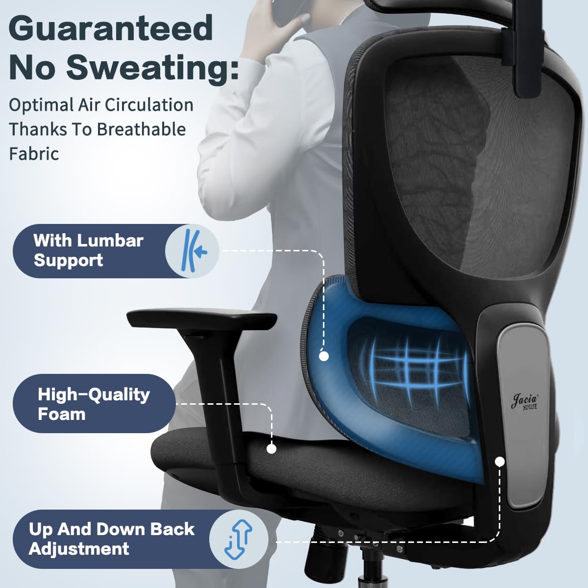 Jacia House Blue Ergonomic Mesh Home Office Chair, Big & Tall Gaming Chair - High-Adjustable Lumbar Support, 4D Armrests, 2D Headrest, 90°~135° Tilting with Lock, Swivel Desk Chairs 600lb Capacity