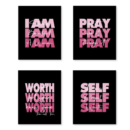 HUYAW Pink Woman Girl Inspirational Quotes Pray Worth Wall Art Prints Set of 4, Motivational Posters Gifts for Women Teen Girls Room Home Bedroom Office College Dorm Decor (Unframed), 8 x 10 In