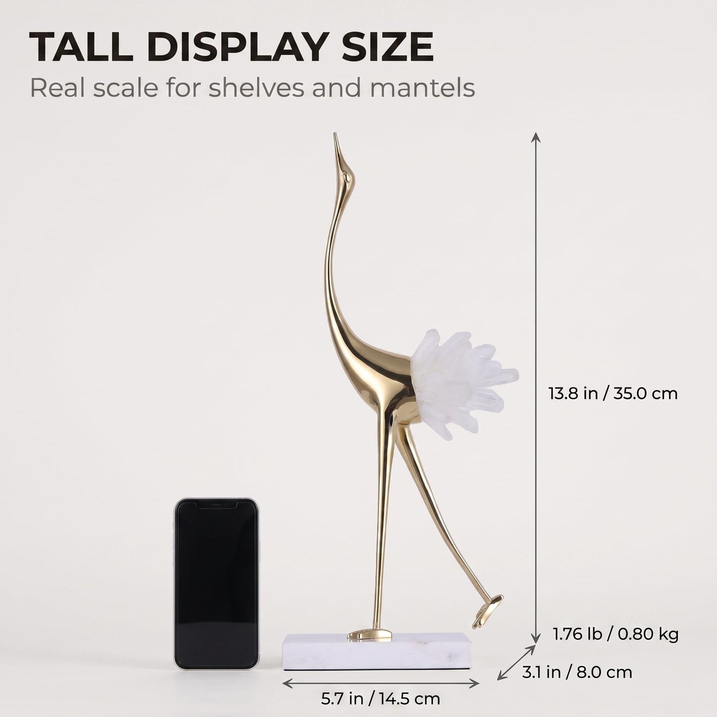 suruim Elegant Gold Crane Bird Statues with Crystal Tail Accents, Decorative Brass Figurines for Home Decor (White A)