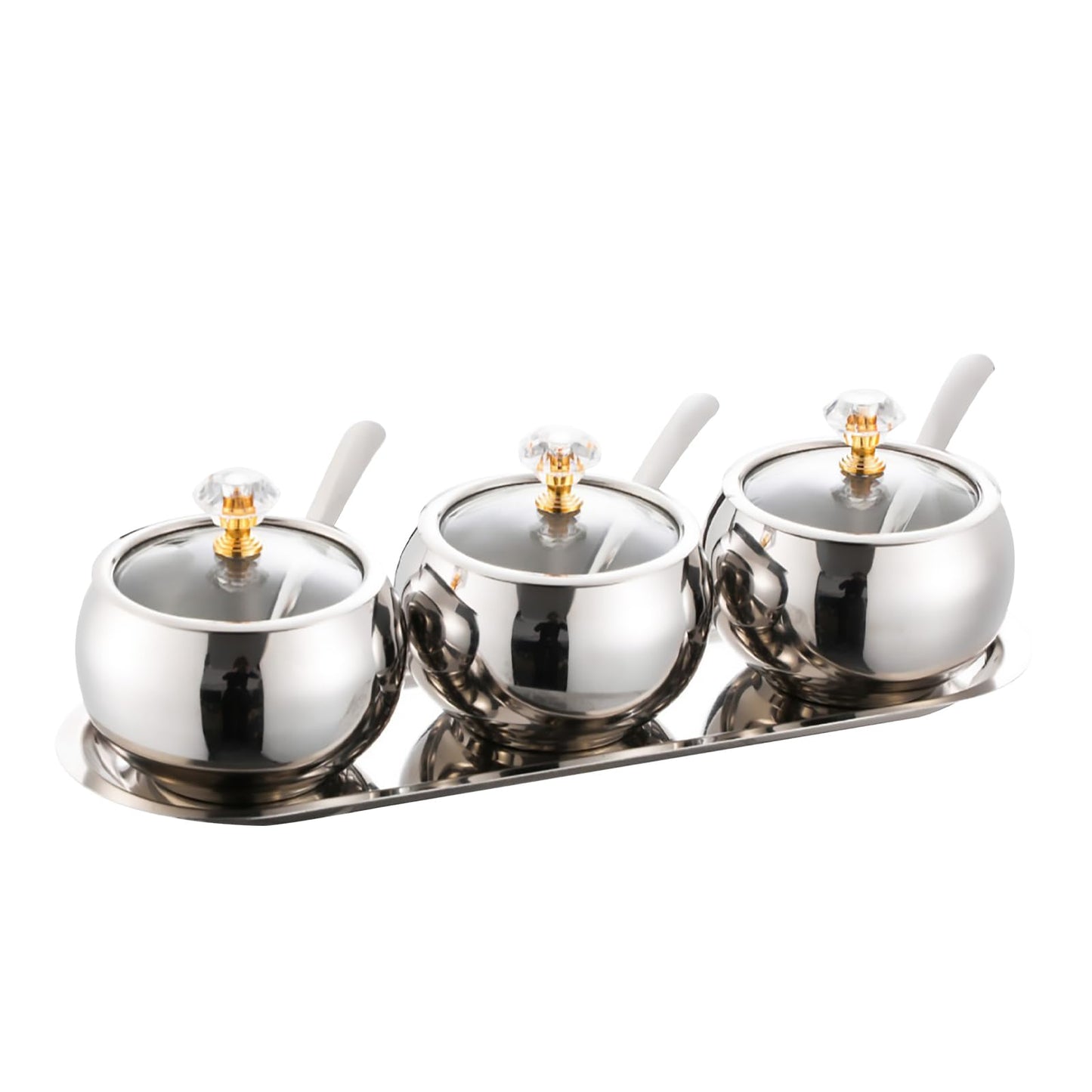KEJJRIUTN 304 Stainless Steel Seasoning Containers Set, Condiment Jar Spice Container with Lid Spoon and Tray, Sugar Storage Organizers with 3 Serving Spoons