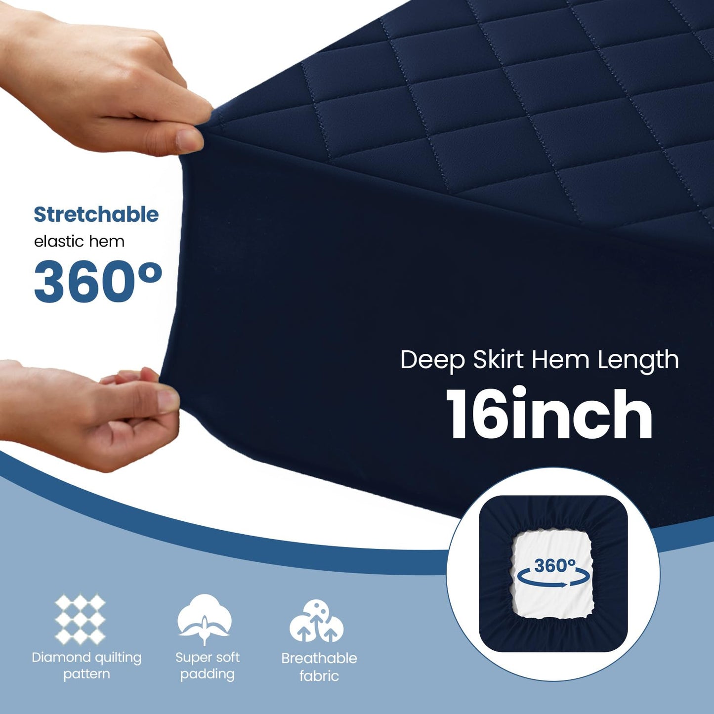 Queen Mattress Protector,Waterproof Mattress Protector Fitted Up to 16" Deep Pocket, Soft Breathable Bed Mattress Cover for Bedroom,Doom Room,(Navy Blue)