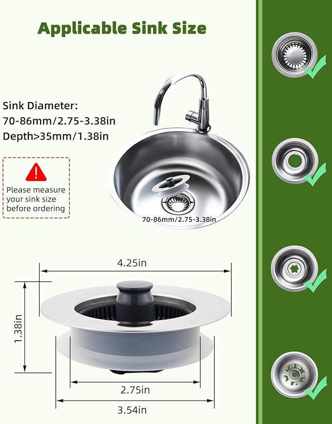 Universal Kitchen Sink Strainer Stopper Combo, 3 in 1 Pop Up Kitchen Sink
