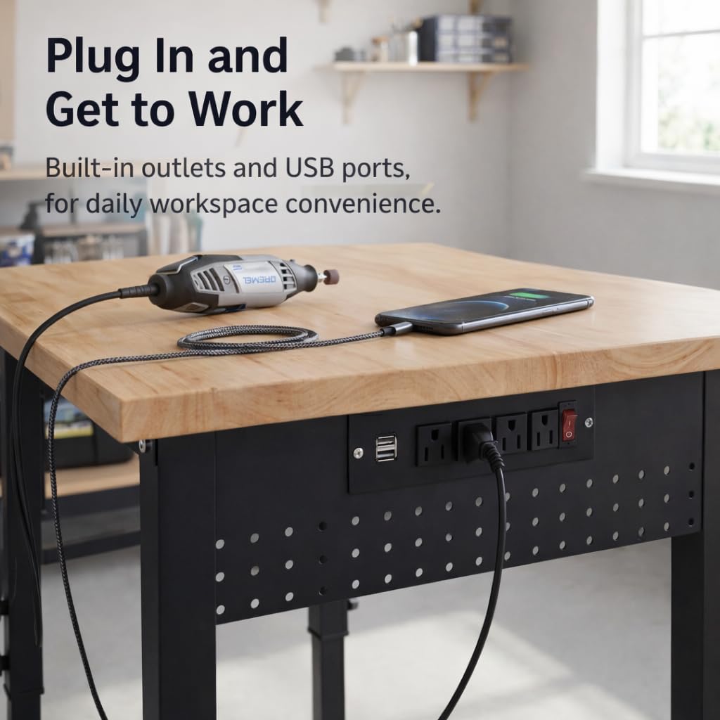 VUWIF 48" Workbench with Wheels, Adjustable Height Work Bench with Rubberwood Top, Built-in Power Outlet with 4 AC Outlets and 2 USB Ports, 2000 LBS Capacity for Garage, Workshop and Home
