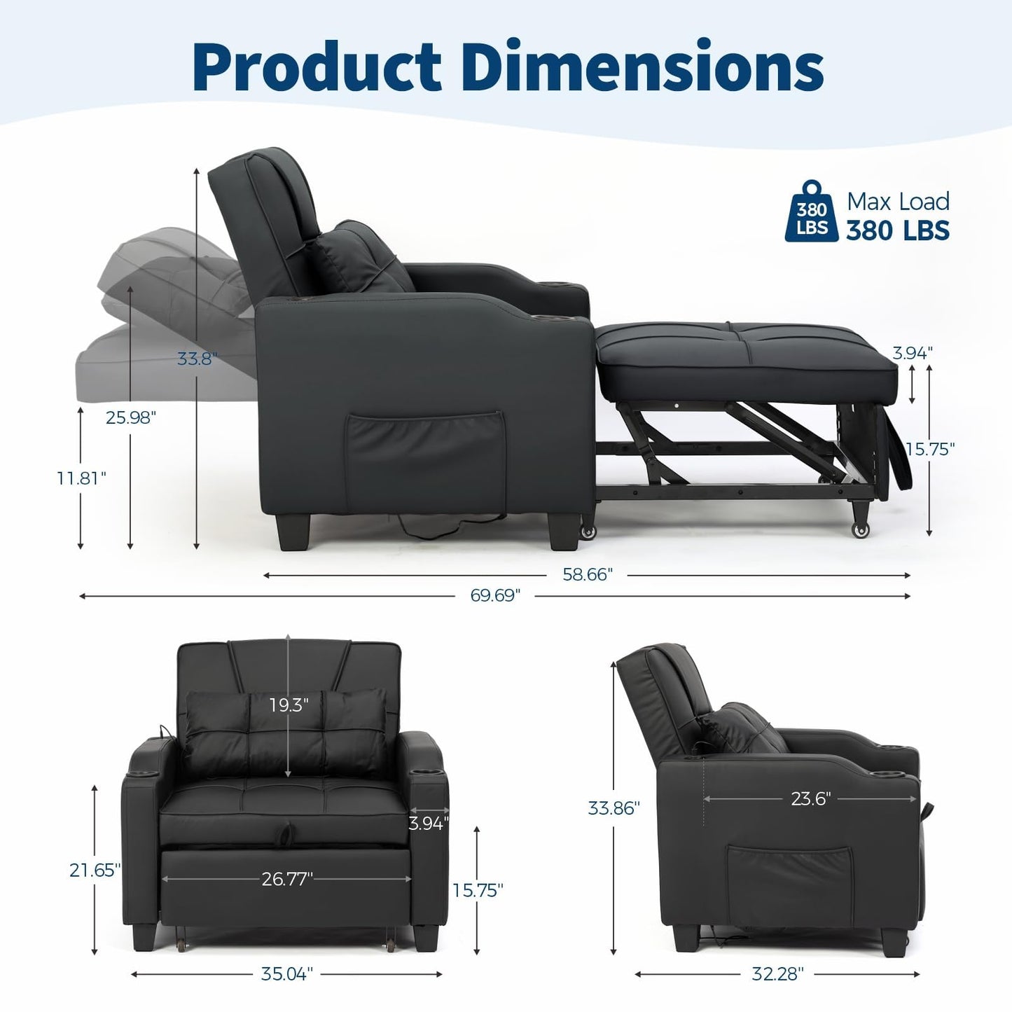 Sleeper Chair Pull Out Bed, 4 in 1 Convertible Sofa Chair Bed with Vibration Massage Lumbar Pillow, Single Sofa Recliner with USB/Type-C Port, Cup Holders and Side Pocket for Small Spaces (Black)