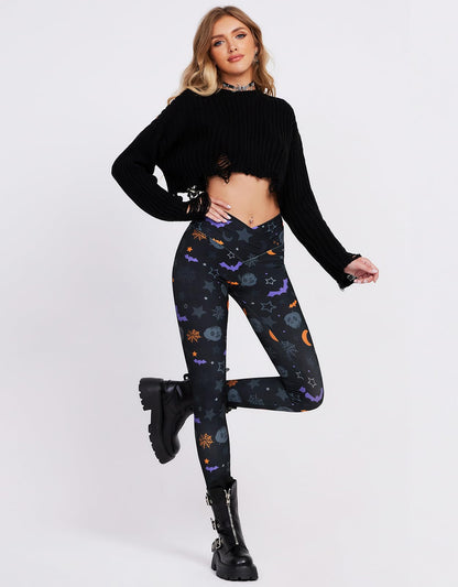 sissycos Women's Halloween Crossover Leggings High Waisted Buttery Soft Printed Tights (Halloween Print, Large)