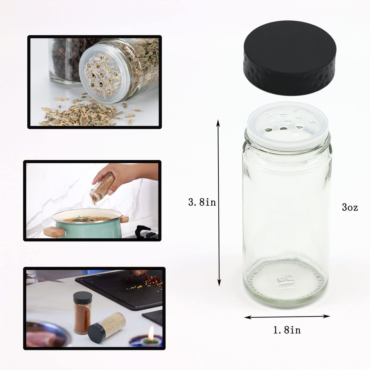Tianifa 6pcs Black Spice Jars, 3 oz Glass Seasoning Bottles, Spices Container, Empty Spice Jars,Round Spice Bottles with Airtight Plastic Caps with Shaker Lids