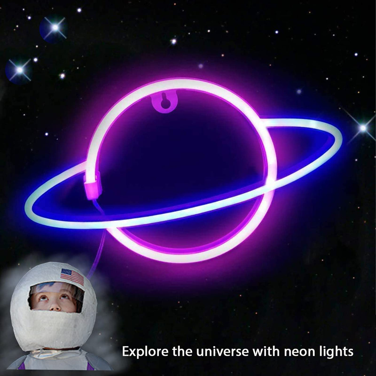 YouokLight planet neon signs for wall decor, LED neon light wall mount USB or battery powered planet light, aesthetic hanging Saturn, planet neon lights for bedroom, game room, pink and blue