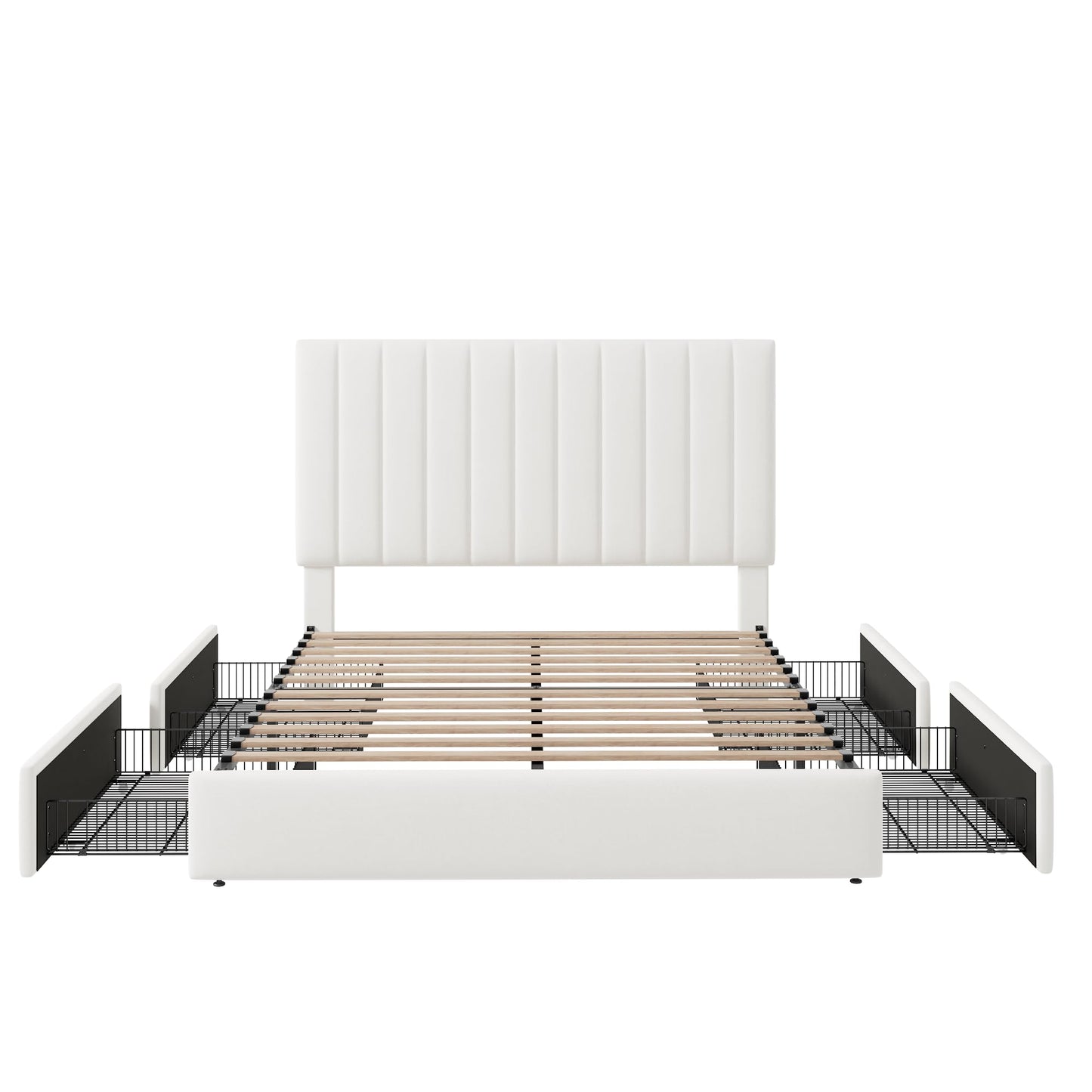 Allewie Full Size Storage Bed Frame, Vertical Channel Tufted Adjustable Headboard, Velvet Upholstered Platform Bed with 4 Oversized Underbed Drawers, Wooden Slats Support, No Box Spring Needed, White